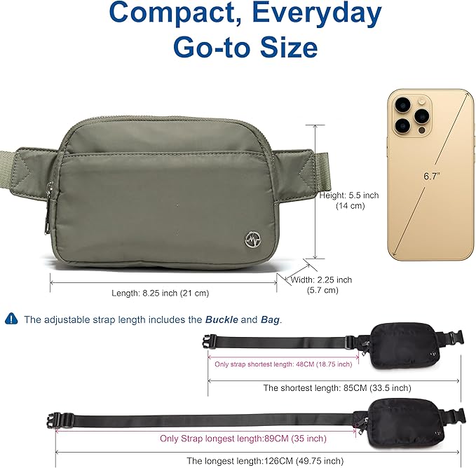 Pander Everywhere Belt Bag for Women, 5 Zipper Pockets Nylon Crossbody Fanny Pack Purse (Seal Grey)