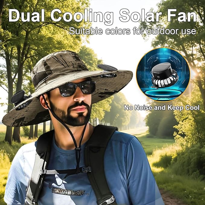 Outdoor Wide Brim Sun Hat with 2 Solar Fan for Men Women UPF50+ Outdoor Hiking Sun Protection Bucket Fishing&Cycling Hat