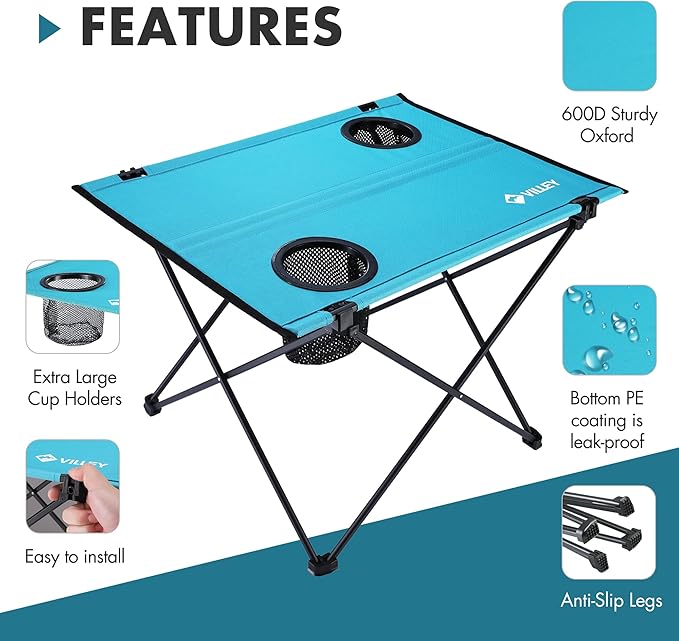 VILLEY Folding Camping Table, Lightweight Portable Beach Table with 2 Cup Holders & Carry Bag for Camping, Beach, Fishing, Travel, and Outdoor Activities (Small)