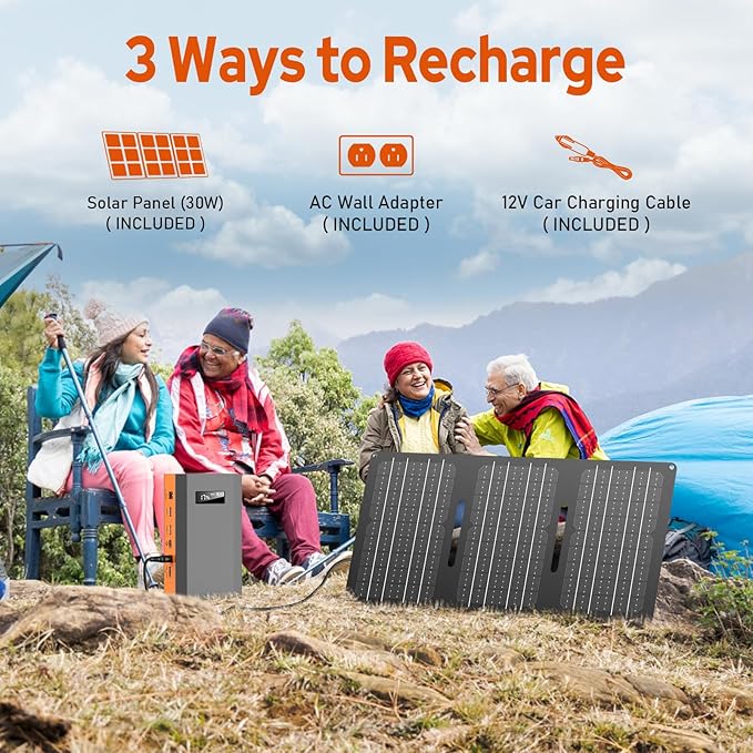 Portable Power Bank with AC Outlet 65W 110V External Battery Pack, 24000mAh Portable Laptop Charger with 30W Foldable Solar Panel Power Supply for Smart devices Outdoor Camping RV Off Grid-Orange