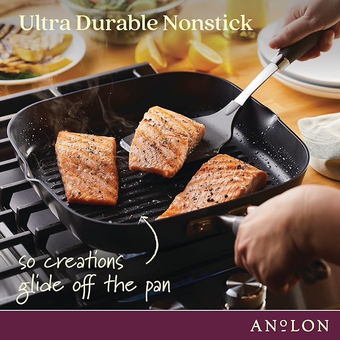 Anolon Advanced Home Hard Anodized Nonstick Deep Square Grill/Griddle Pan with Pour Spouts, 11 Inch, Onyx