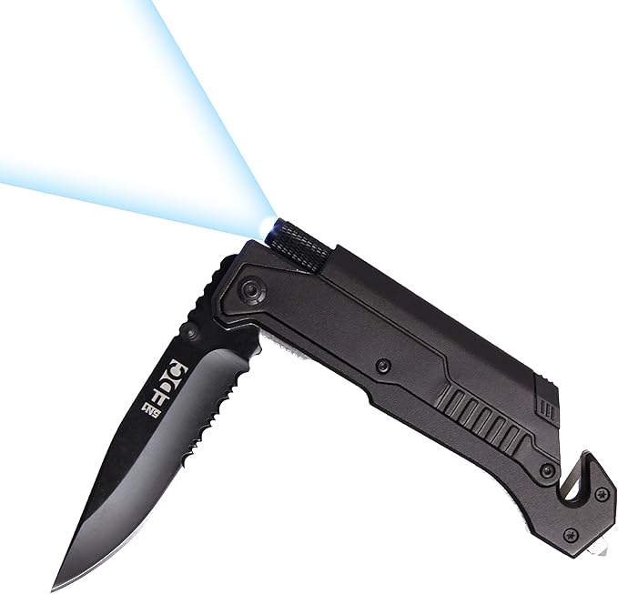 5N1 EDC Tactical Folding Knife, LED Flashlight, Ferro Fire Starter Rod, Glass Breaker, Seatbelt Cutter, 3in Razor Sharp Serrated Blade, Pocked Clip, Wilderness Survival