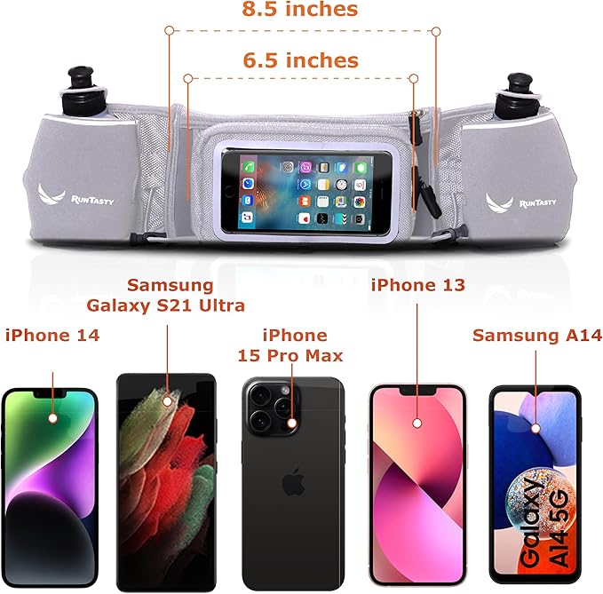 No.1 Hydration Belt by Runtasty - Premium Running Fuel Belt w/2 BPA-Free 10 oz Water Bottles, Tilt-Up Pocket w/Touchscreen-Ready Cover - Fits All iPhones, Runners Ebook & No-Bounce Design