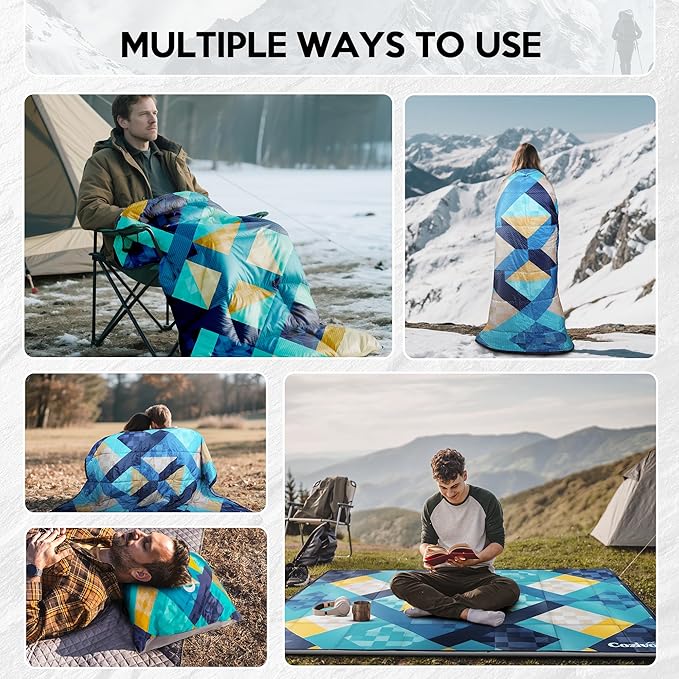 Camping Blanket, 2-in-1 Wearable Puffy Camping Blanket with Hood & Snap Buttons Waterproof Lightweight Travel Blanket Converts to Pillow for Backpacking, Beach, Picnics, Stadium(Kaleidoscope)
