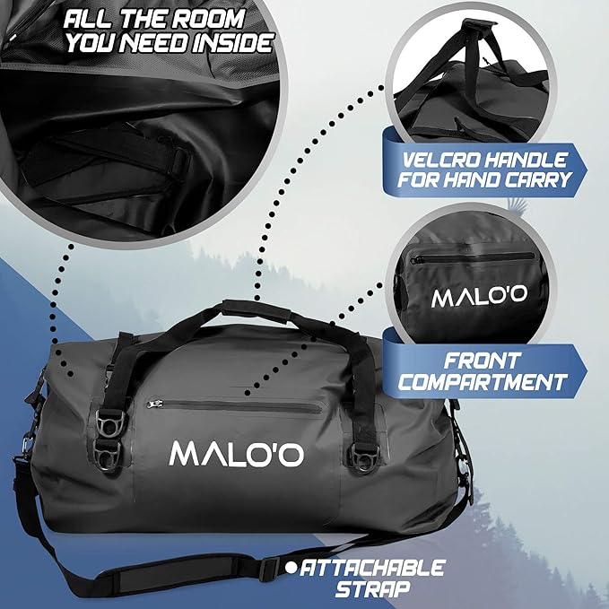 Malo’o Waterproof Dry Duffel, Heavy-Duty Roll Top Waterproof Gear Bag with Shoulder Strap & Molle Loops, Marine Duffel for Kayaking, Boating, Camping, Beach & Travel, Black, 60L
