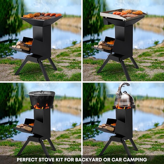 Stanbroil 3 in 1 Rocket Stoves with Grill Rack, Griddle and Pot Cooking Stand, Heavy Duty Wood Burning Stoves for Cooking, Camping wood Stove Kit for Off-Grid Supply, Outdoor Grilling Event