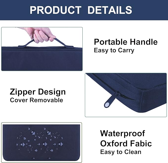Portable Bleacher Seat Cushions with Handle, 2 Inches Thick, Waterproof Oxford Fabric, Zipper Design, Set of 2 (Blue)