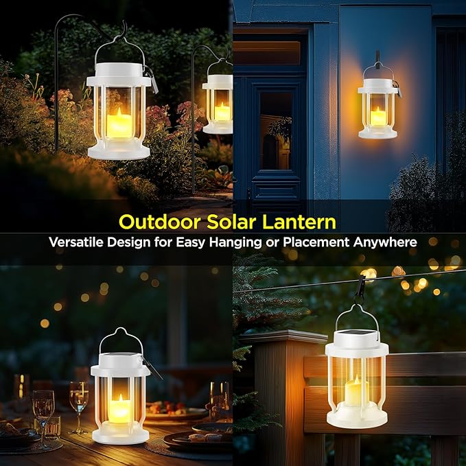 Solar Lantern Outdoor & Indoor Use – Hanging Solar Lights with Realistic Flickering Flameless Candle, Weatherproof for Gardens, Patios, Trees, and Lawns (White, 8 Pack)