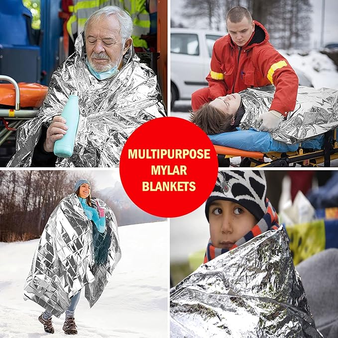 10 Pack Mylar Emergency Thermal Blankets for Survival, Thick Reusable Mylar Space Blankets Bulk 52x84 Emergency Foil Blankets for Warmth, Camping, Runners, Spa, First Responders