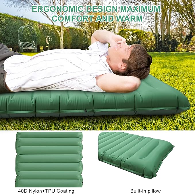 Camping Sleeping Pad,Ultralight Inflatable Camping Pads with Pillow & Foot Pump for Outdoor Hiking Travel Tent Backpacking Trip Car Camp Gear, Airpad Carry Bag,Compact Camping Mat, Green