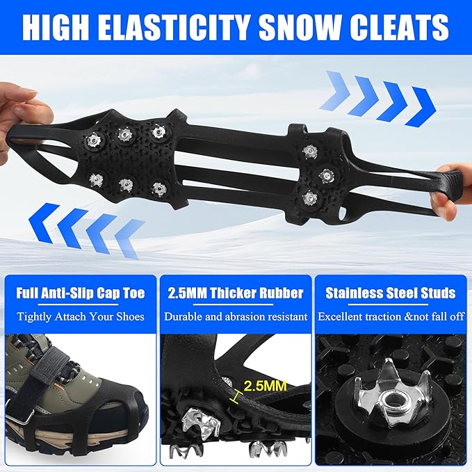 Ice Cleats Snow Traction for Shoes and Boots Ice Snow Crampons Ice Gripper for Walking on Snow and Ice 9-Studs Non Slip Ice Cleats Rubber Overshoe Slip-on Stretch Footwear Winter Hiking Climbing