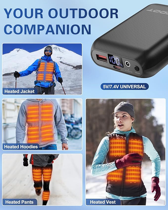 𝟕.𝟒𝐕 𝟏𝟔𝟎𝟎𝟎𝐦𝐀𝐡 Heated Vest Battery Pack Compatible with ORORO and Venustas, NORSENN, Portable Power Bank with LED Display for 𝟓𝐕 USB heated Vests Jacket Camping Chair Blanket(NOT for 12V）