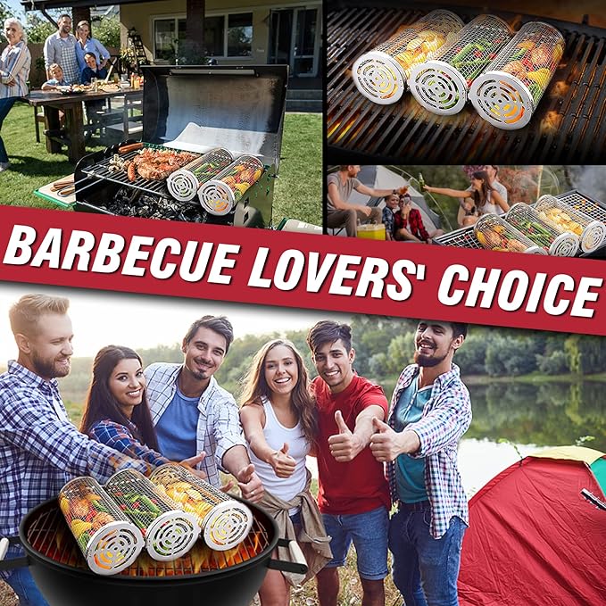 Rolling Grilling Baskets for Outdoor Grill Bbq Net Tube Must Have Large Barbecue Cylinder Cage Round Mesh Essentials Gadgets Cooking Accessories for Picnic Veggies Vegetable Fish Meat, Gift for Men