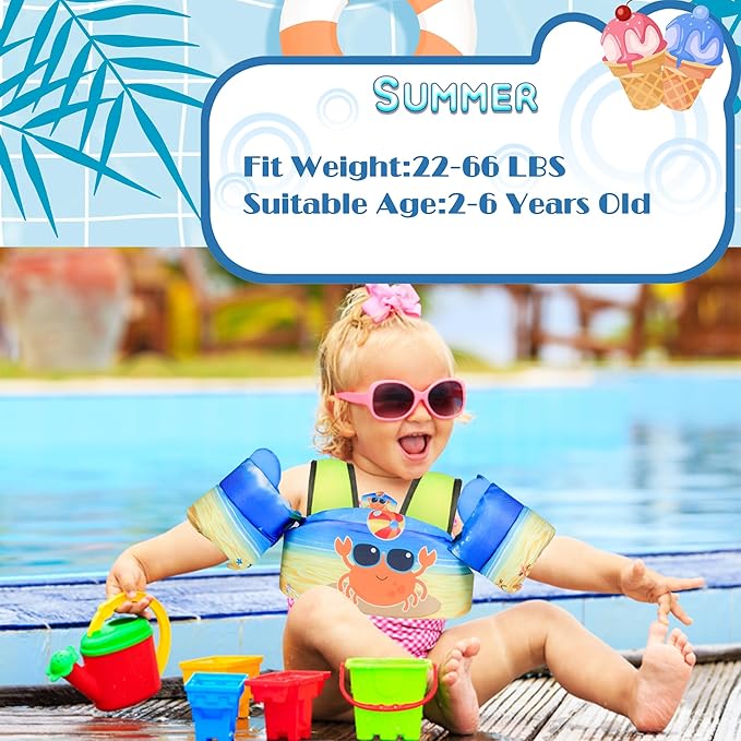 Elejolie Toddler Swim Vest for Child Learn Swiming Training,Infant Safety Swimmies Aid Jacket for Kids 2 3 4 5 6 Years Old,Arm Water Wings for Baby 22-66lbs