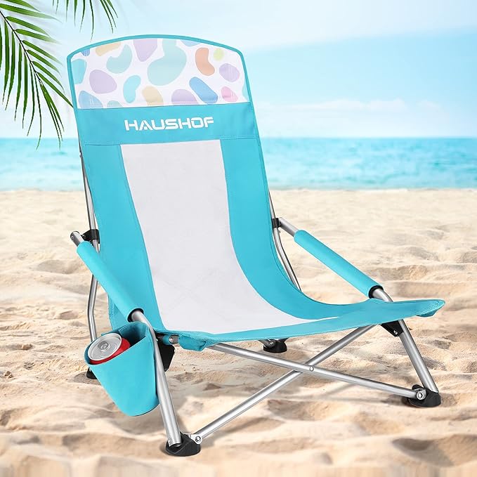 HAUSHOF High Back Beach Chair, Mesh Back Folding Chair, Lightweight Low Seat Camping Chairs with Cup Holder, Carry Bag, Padded Armrest for Outdoor Beach Lawn Camping Picnic Festival