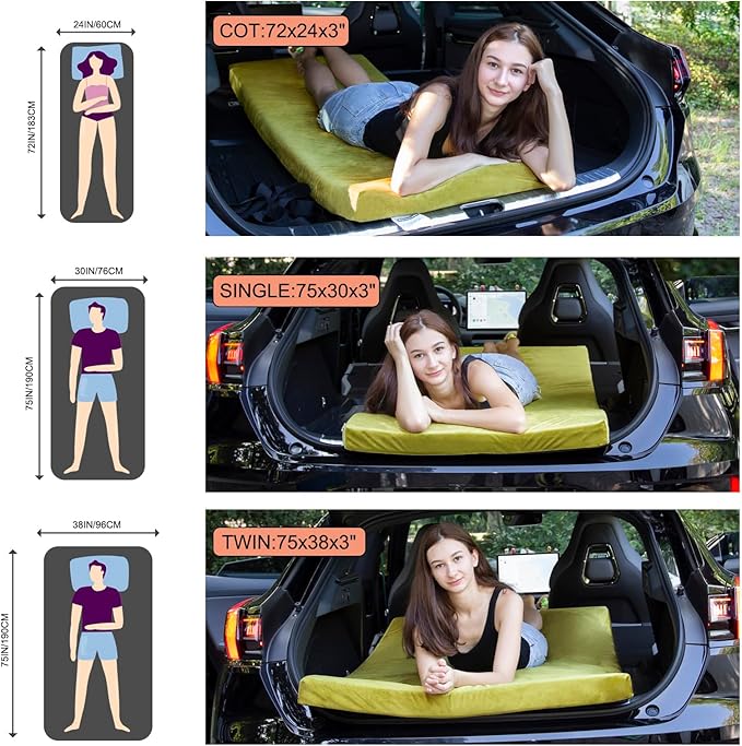 Memory Foam Camping Mattress Sleeping Pad, 3" Thick Waterproof Portable Roll Up Sleeping Mats & Floor Mattress Pad with Pillow + Travel Bag for Camping Car Truck SUV Tent Sleepover Kids Adult