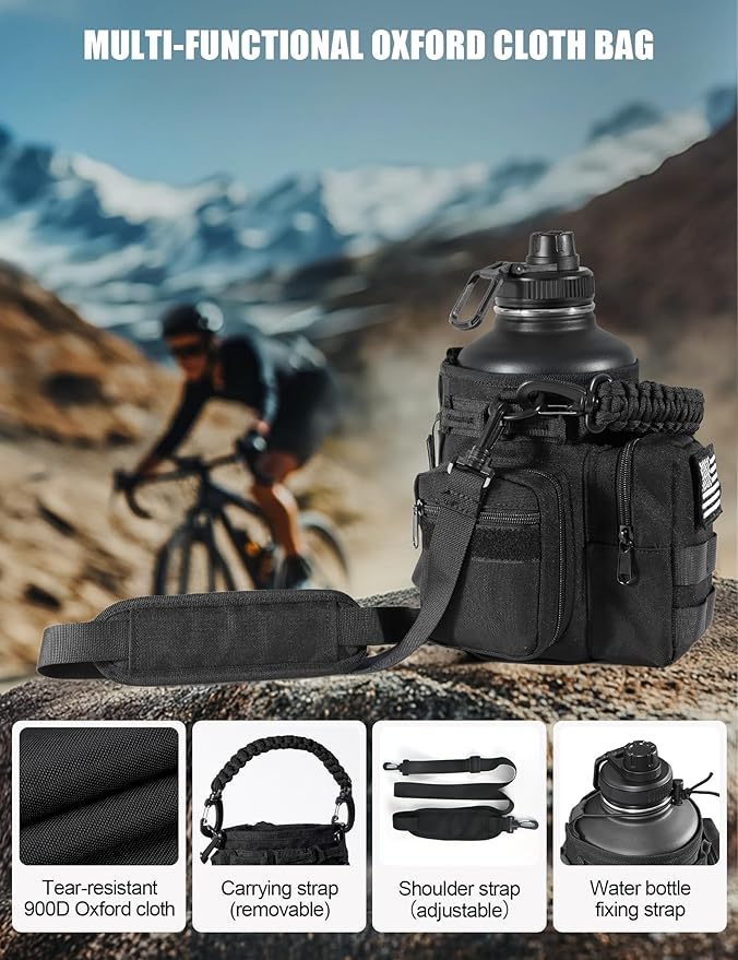 Tactical Half Gallon Water Bottle with Straw, 64 oz Insulated Water Jug with Molle Sleeve, Stainless Steel Sport Bottle with 3 BPA Free Lids for Gym Workout Hiking (Black, 64OZ)