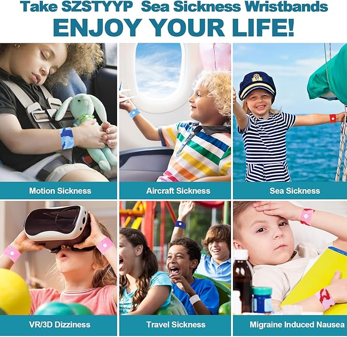 Motion Sickness Bands for Kids, Travel Sickness Relief Wristbands, Anti-Nausea Bands for Morning Car Sea Sickness(Blue/Red)