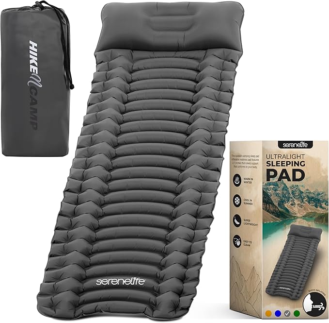 SereneLife Lightweight & Compact Camping Gear – Sleeping Pads & Bags with Built-in Pillows for Outdoor Comfort, Waterproof & Tear-Resistant Design, Perfect for Hiking, Backpacking, Couples & Solo Use