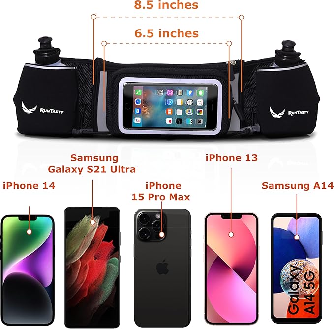 No.1 Hydration Belt by Runtasty - Premium Running Fuel Belt w/2 BPA-Free 10 oz Water Bottles, Tilt-Up Pocket w/Touchscreen-Ready Cover - Fits All iPhones, Runners Ebook & No-Bounce Design