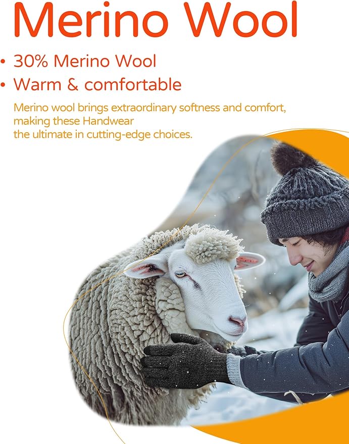 Merino Wool Gloves, Touch Screen Liner Base Layer Warm Gloves with Thermal Soft Knit Lining for Driving Running Hiking L (Black Gray)
