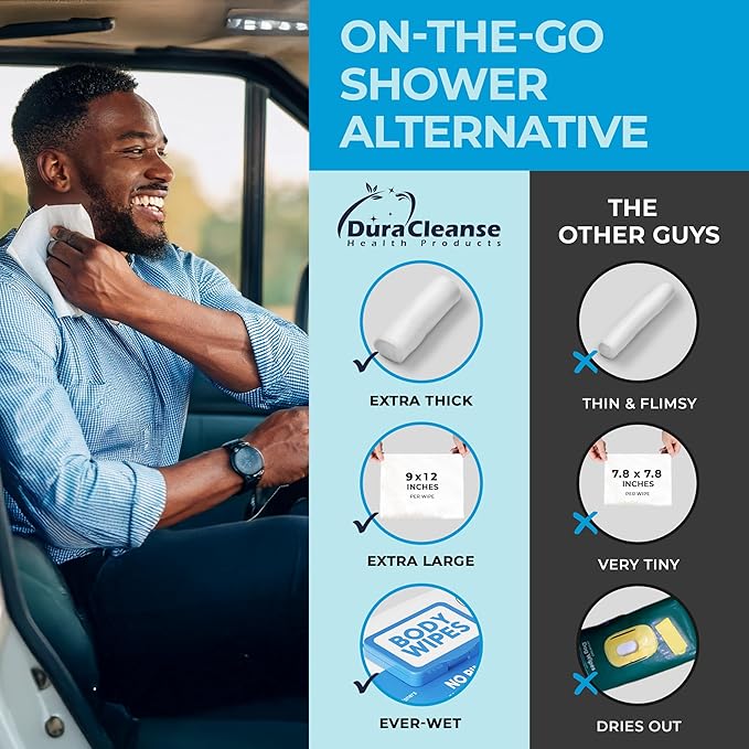 Dura Cleanse Body Wipes for Adults Bathing No Rinse (2 Pack) 100 XL Shower Wipes + 8 Travel Bath Sheets - 9" x 12" Extra Thick Waterless Adult Disposable Washcloths for Camping, Elderly Incontinence