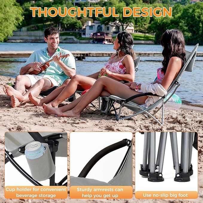 KingCamp Low Beach Chairs, Portable Folding Chair for Adults Extra Wide Ergonomic High Back Seat 300lbs Heavy Duty Lightweight Oversized Gear with Carry Bag for Outdoor Lawn Camping Picnic