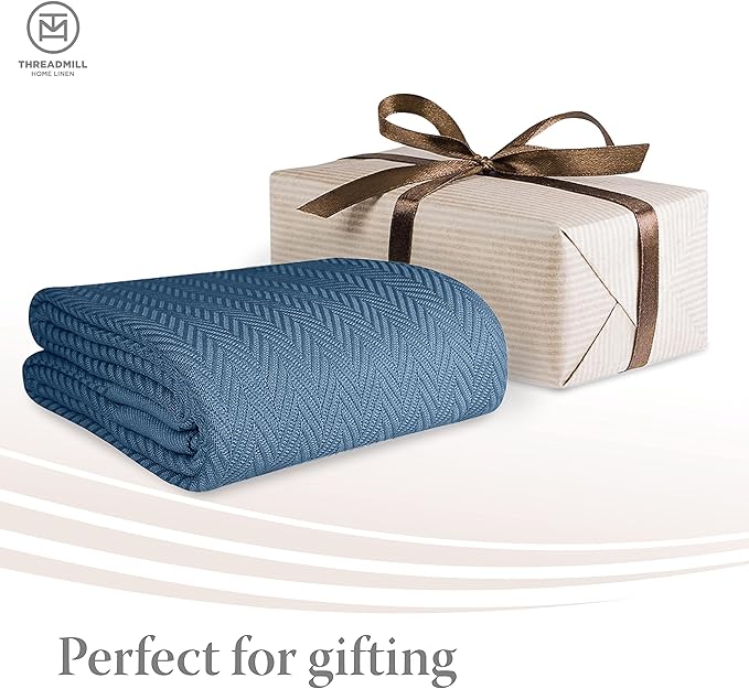 Threadmill Luxury Cotton Blankets for King Size Bed | All-Season Cozy 100% Cotton King Size Blanket | Herringbone Soft Fall Thermal Blanket fits Cal King Size Bed | Folkstone Blue