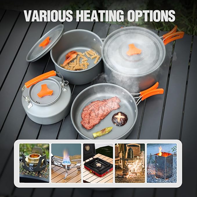 REDCAMP 6/10/11/12/14/15/19 PCS Camping Cookware Mess Kit Camping Gear Campfire Utensils Lightweight Stackable Pot Pan Bowls Soup Spoon with Storage Bag for Camping, Backpacking, Outdoor Cooking