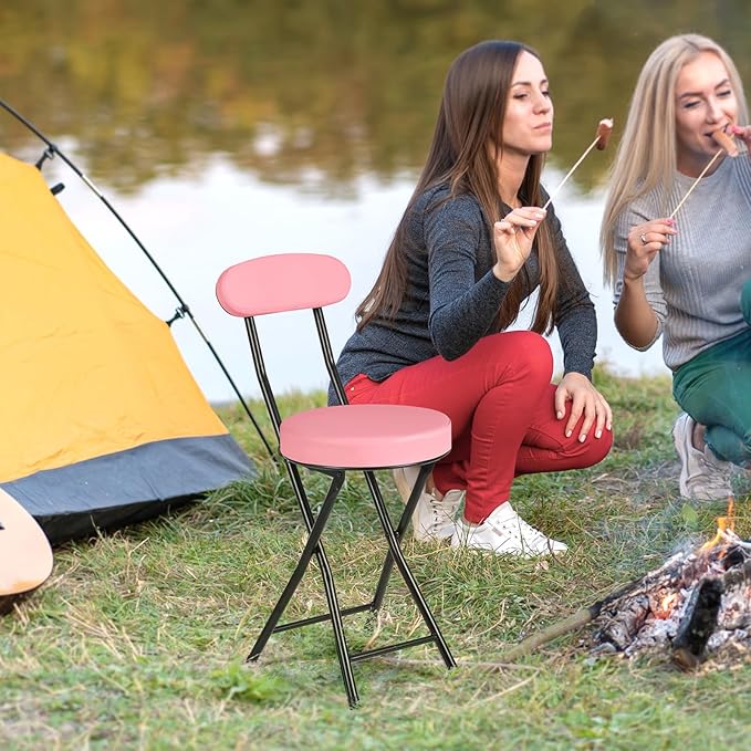 Cushioned Padded Folding Stools, Folding Bar Stool with Backrest, 220lb Capacity, 19 Inch Collapsible Round Portable Foldable Chair for Outdoor Indoor Kitchen Camping Fishing(Pink, 2 Pack)