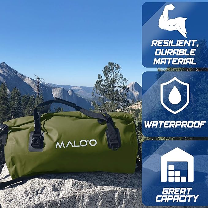 Malo’o Waterproof Dry Duffel, Heavy-Duty Roll Top Waterproof Gear Bag with Shoulder Strap & Molle Loops, Marine Duffel for Kayaking, Boating, Camping, Beach & Travel, Dark Green, 40L