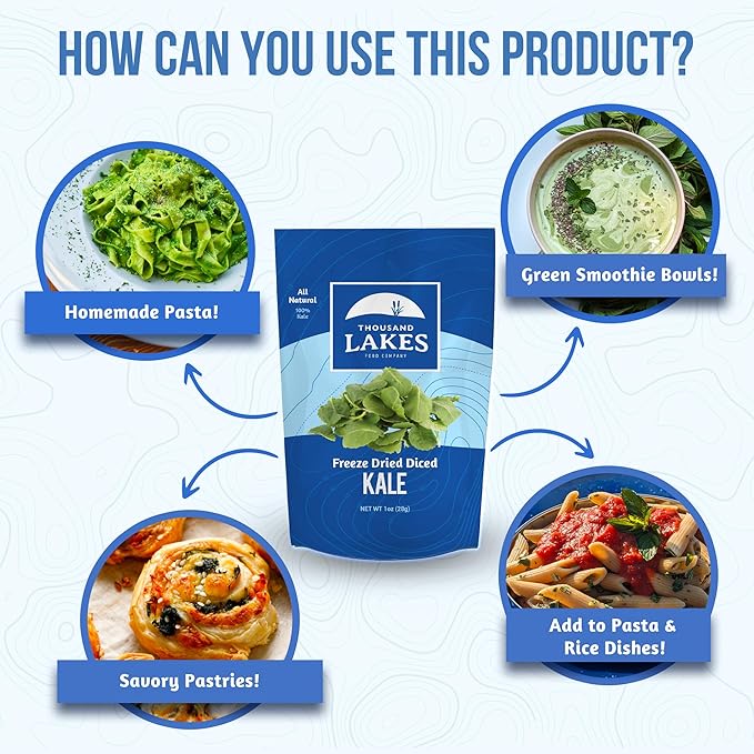 Thousand Lakes Freeze Dried Vegetables - Diced Kale 1 ounce | 100% Kale Flakes | No Salt Added