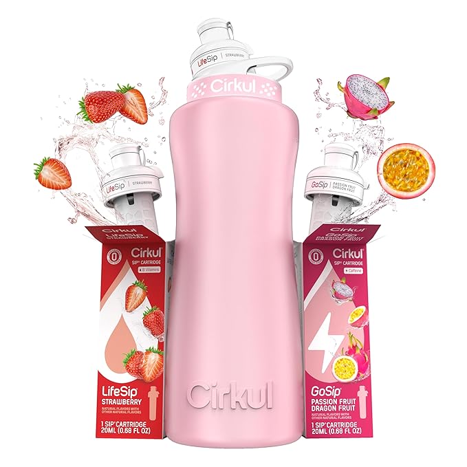 Cirkul 32oz. Blush Pink Stainless Steel Water Bottle Starter Kit with Pink Lid and 2 Flavor Cartridges (1 LifeSip Strawberry, 1 GoSip Passion Fruit Dragon Fruit) No Sugar, Zero Calorie Drink Mix