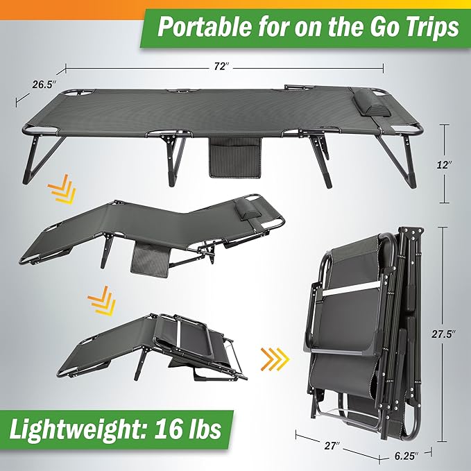 Folding Camping Cot with Mattress for Adults up to 440lbs - Heavy Duty Foldable Bed with Removable Cot Mattress and 3 Recline Positions for Travel, Camp, Beach or Guest Bed by Wakeman Outdoors (Gray)