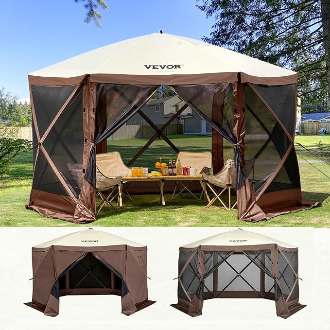 VEVOR Pop Up Gazebo Screen Tent, Pop-Up Instant Gazebo Tents with Mosquito Netting Outdoor Canopy, 6 Sided Sun Shelter 10x10ft with 6 Removable Wind Cloths & 2 Mesh Windows, Pavilion Tent for Patio
