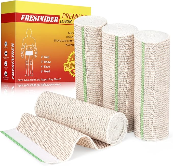 FRESINIDER Premium Elastic Bandage Wrap, 4 Pack 6" Cotton Latex Free Compression Bandage Wrap with Touch Closure at Both Ends, Support & First Aid for Sports, Medical, and Injury Recovery