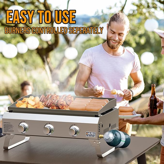 Tabletop Gas Griddle No Lid & Foldable Legs, 3-Burner BBQ Propane Flat Top Griddle, Portable Grill Stove for Outdoor Cooking Patio Party Camping Tailgating RV, Stainless Steel, GS311