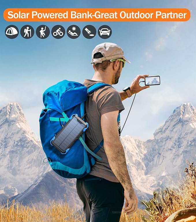 GOODaaa Portable Charger 42800mAh Built in 4 Cables and Thermometer 15W Fast Charging Power Bank Five Outputs Three Inputs Solar Charger Power Bank, SOS/Strobe/Strong Flashlights, Carabiner