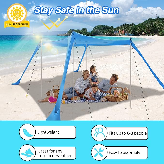 Beach Tent Sun Shelter with UPF 50+ UV Protection, Beach Canopy Sun Shade 11x11 FT with Sandbags, Poles and Ground Pegs and Anti-Wind Ropes, Pop Up Tent for Camping, Backyard and Picnics