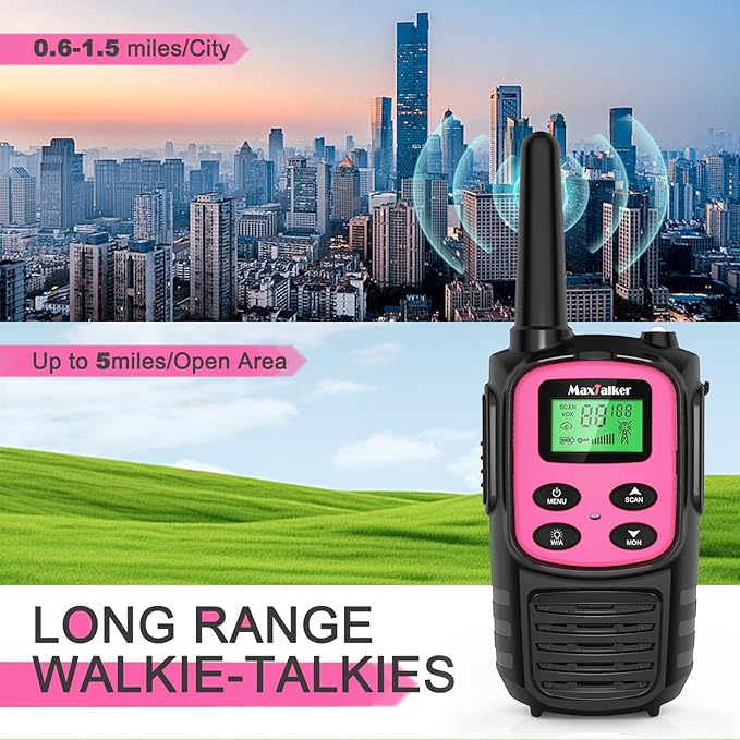 Walkie Talkies Long Range for Adult, MT10 Rechargeable Walkie Talkies FRS Two Way Radio, NOAA, 1200mAh Li-ion Battery USB-C Cable, LED Flashlight,VOX Walkie Talkie for Camping 2Pack (Pink)