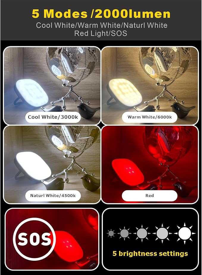 LED Camping Lantern, Solar Lanterns, 5000mAh Rechargeable Light 2000 Lumens 5 Light Modes, IP65 Waterproof with USB Charging – Lanterns for Power outages Hurricane, Hiking, Fish, Emergency, and Home