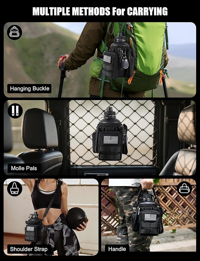 Tactical Half Gallon Water Bottle with Straw, 64 oz Insulated Water Jug with Molle Sleeve, Stainless Steel Sport Bottle with 3 BPA Free Lids for Gym Workout Hiking (Black, 64OZ)