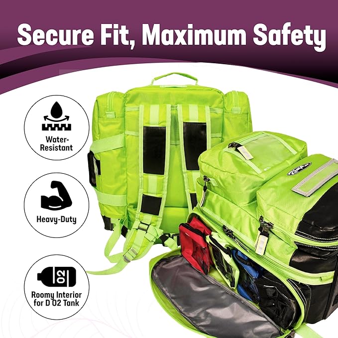 Kemp USA Ultimate EMS Backpack - Emergency Supplies - EMT Bag Fits BLS/ALS Equipment and D Tank Oxygen Cylinder - Multiple Grab Points, Chest & Waist Support Straps & Color-Coded Pouches (Neon Green)