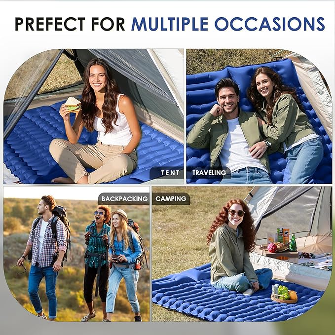 Self Inflating Sleeping Pad for Camping, Portable 4" Extra-Thick Camping Cots for Adults with Pillows & Built-in Foot Pump, Ultralight Camping Mattress for Tent Hiking Essentials Gear (Blue, Single)