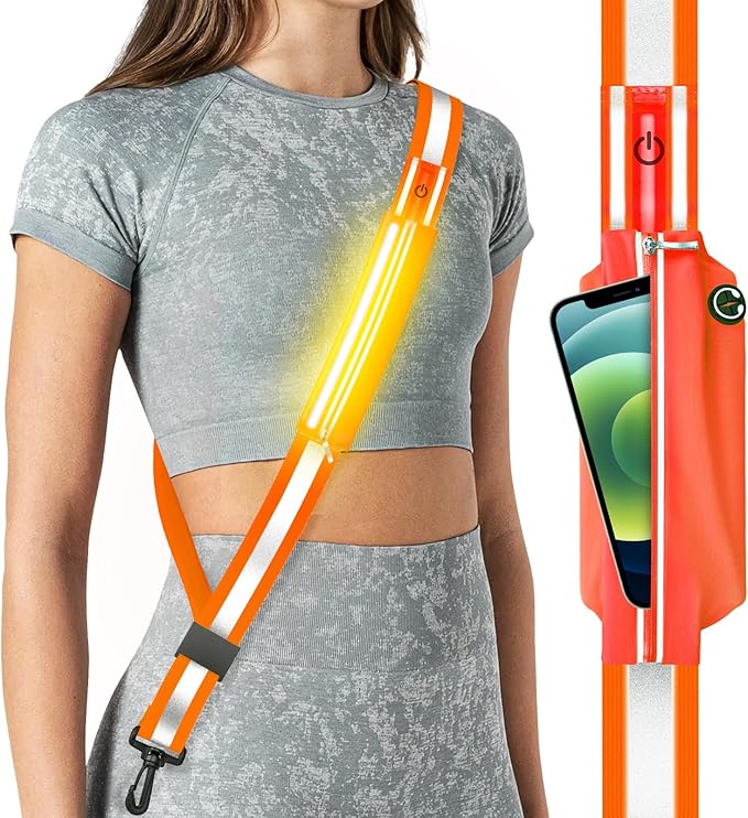 LED Reflective Belt Sash for Walking at Night, Night Running Safety Gear High Visibility Rechargeable LED Light Up Running Belt for Runners Walkers Men Women