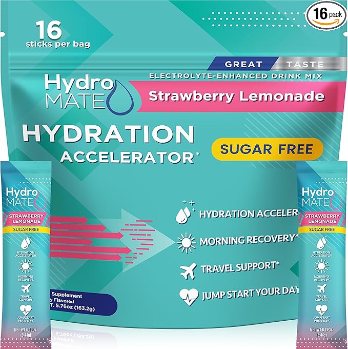 Electrolyte Powder Sugar-Free Hydration Packets Strawberry Lemonade HydroMATE 16 Sticks