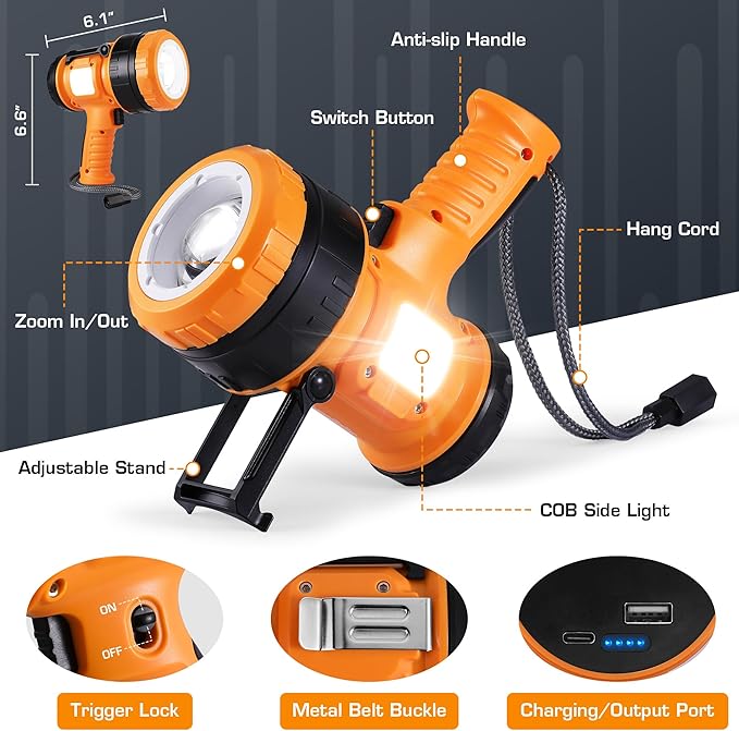 EverBrite Zoomable Rechargeable Spotlight with Foldable Stand, Handheld LED Spotlight Flashlight with 5 Modes, 600M Range, Spot Light for Hunting Boating Camping Hiking Outdoors Searching, 1200 Lumens