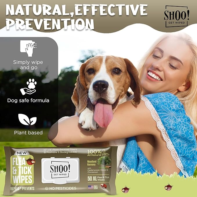 Shoo! Flea & Tick Wipes for Dogs | Convenient, Easy On-The-Go Protection | Plant Based, Natural Oils, Chemical Free | Repels & Prevents | 50 XL Wipes | (Woodland Harmony)
