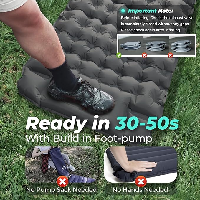 Sleeping Pad for Camping, 4in Thickness Inflatable Sleeping Mat with Adjustable Pillow & Built-in Foot Pump,Lightweight Camping Air Mattress with Waterproof Nylon for Hiking (Grey, Single)