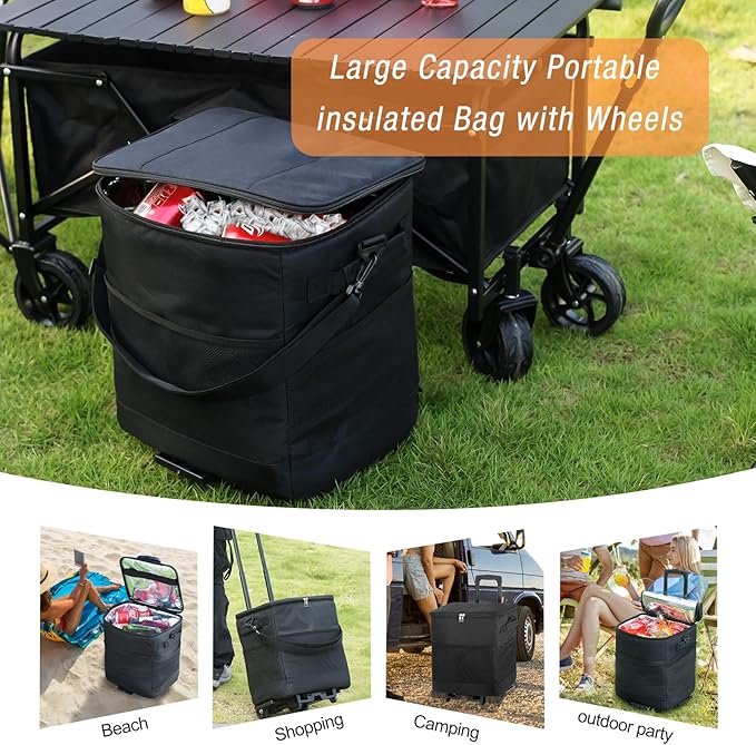 Collapsible Large Rolling Cooler 60-Can/40L,3-in-1 Insulated Soft Cooler Bag,Adjustable Wheels&Handle, Rolling Cooler Cart for Beach Camping Travel Outdoor Hot Takeout Orders